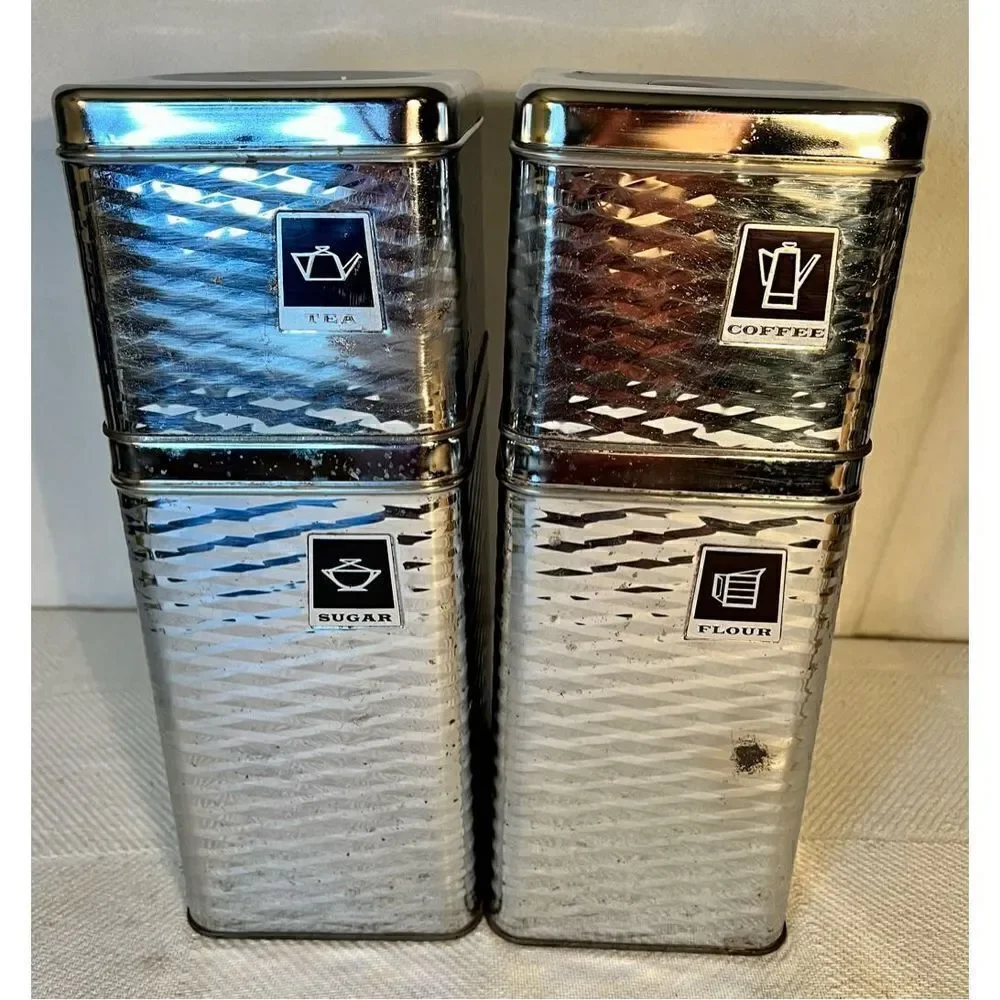 Vintage 4 Piece MCM Chrome/Black Wavy Diamond Textured Canister Set READ